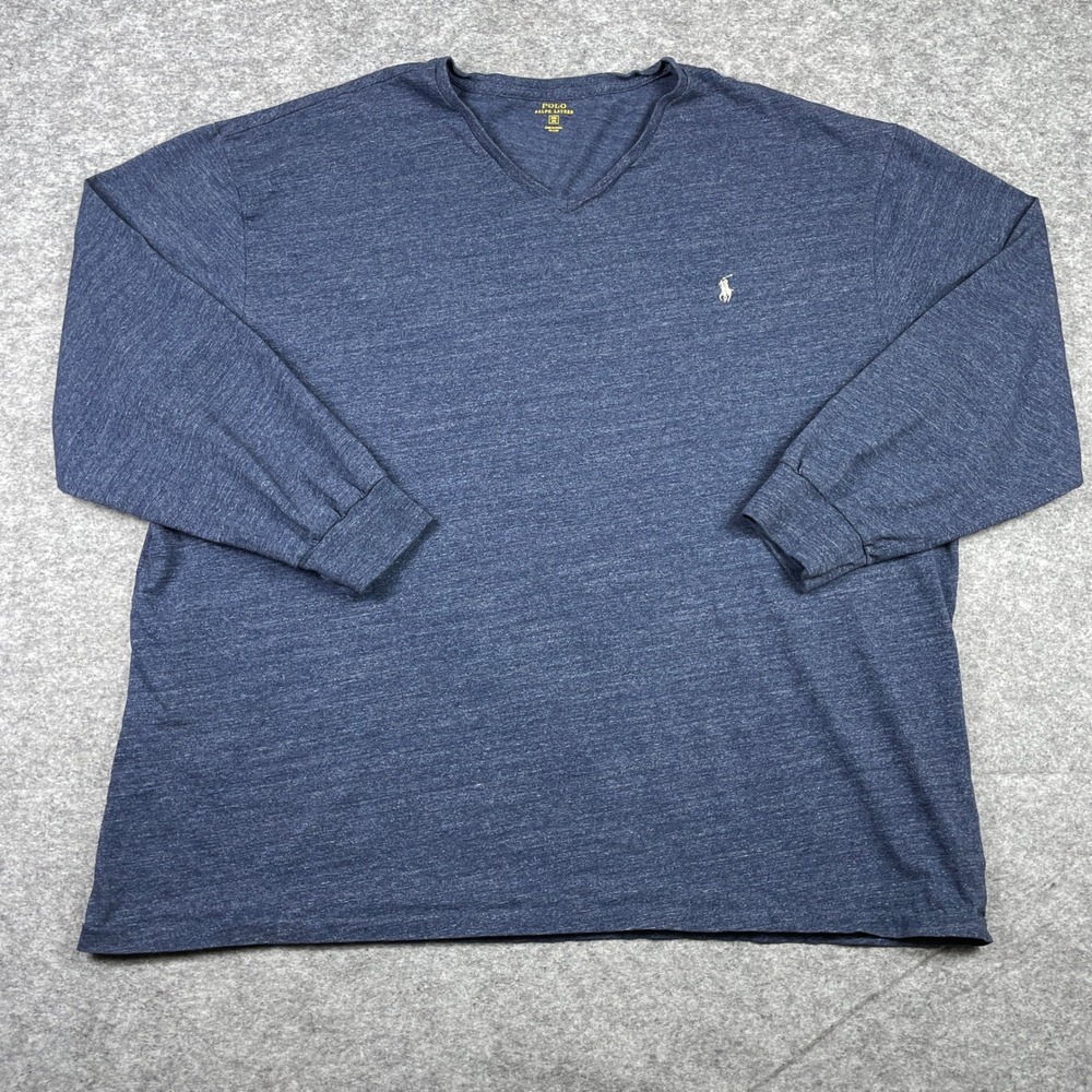 Polo Ralph Lauren T-Shirt Men 3XB Blue V-Neck Long Sleeve Pony Preppy White Pony